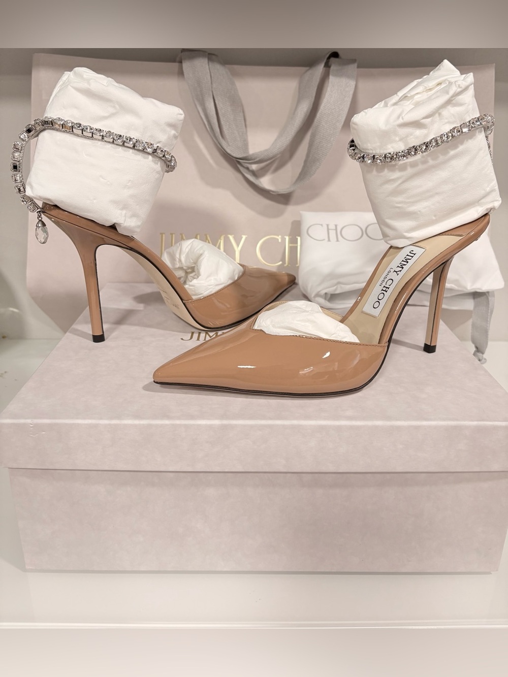 New JIMMY CHOO Saeda Patent Camel Pumps 37.5 $1295 Brand New - Picture 2 of 14